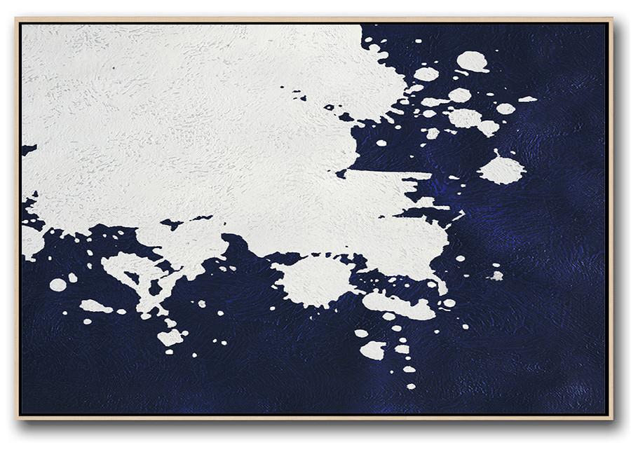 Extra Large Canvas Painting,Horizontal Abstract Painting Navy Blue Minimalist Painting On Canvas,Hand Paint Large Art